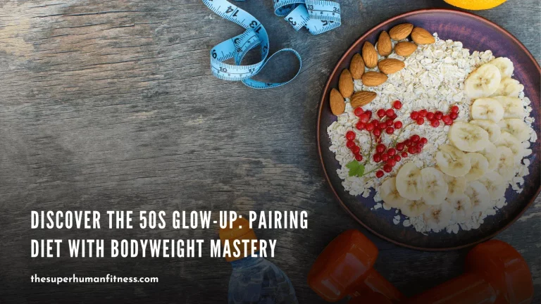 A plate with oats, bananas, red berries, and almonds alongside a blue measuring tape and orange dumbbells on a wooden surface.